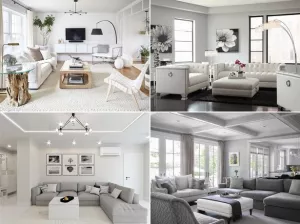 Modern nappali fehér és szürke